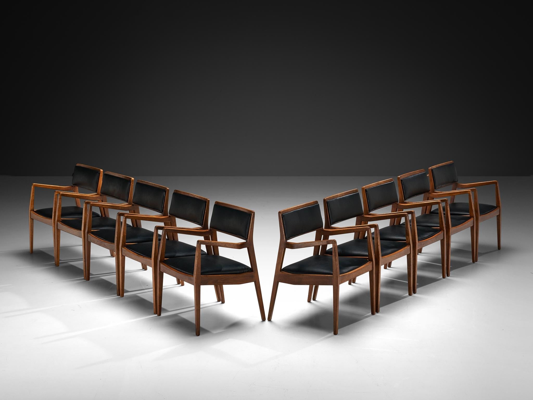 Jens Risom Set of Ten Armchairs in Black Upholstery and Walnut