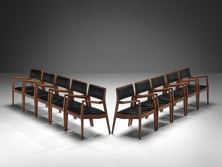 Jens Risom Set of Ten ‘Playboy’ Armchairs in Walnut and Black Upholstery