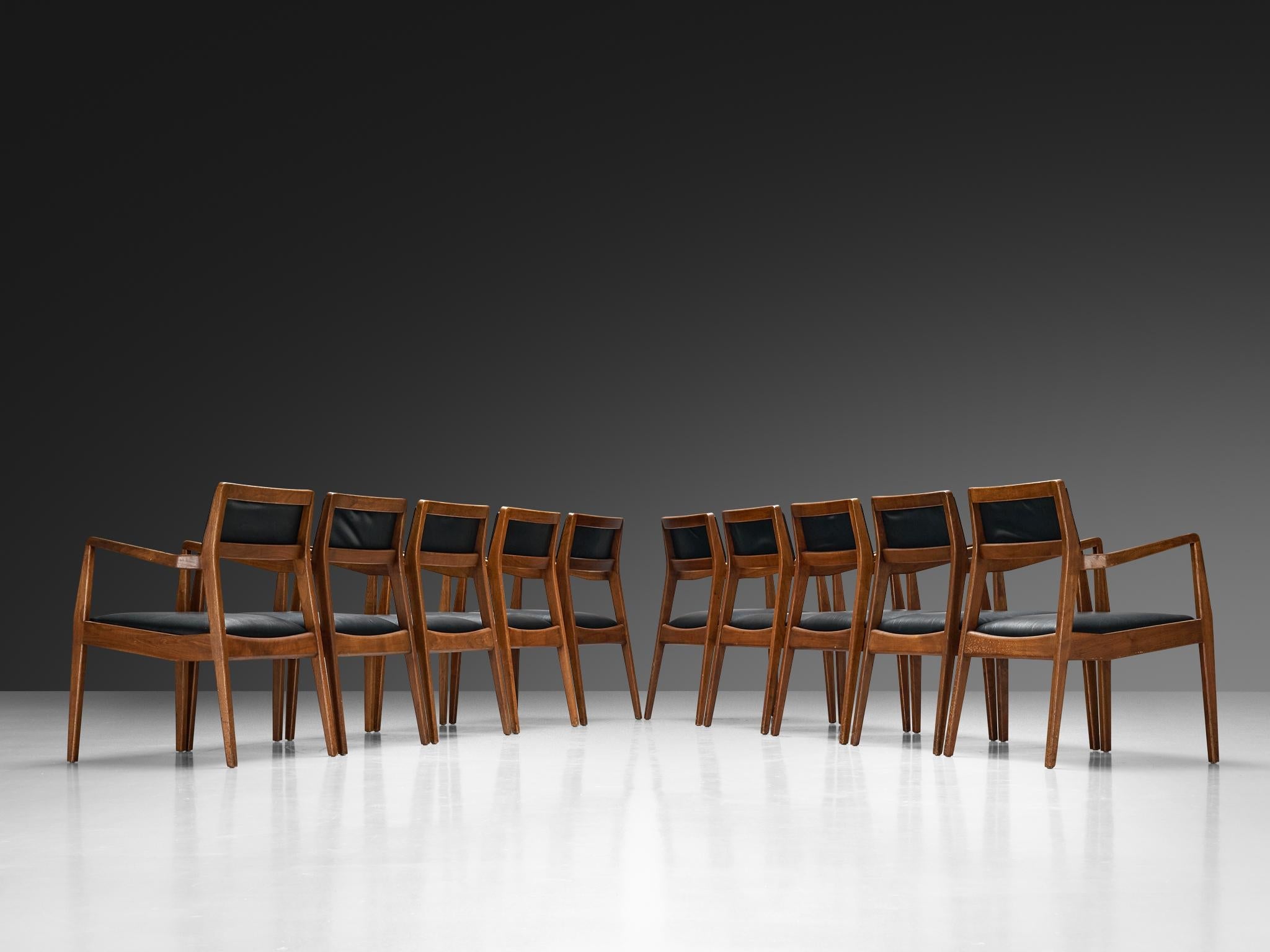 Jens Risom Set of Ten Armchairs in Black Upholstery and Walnut