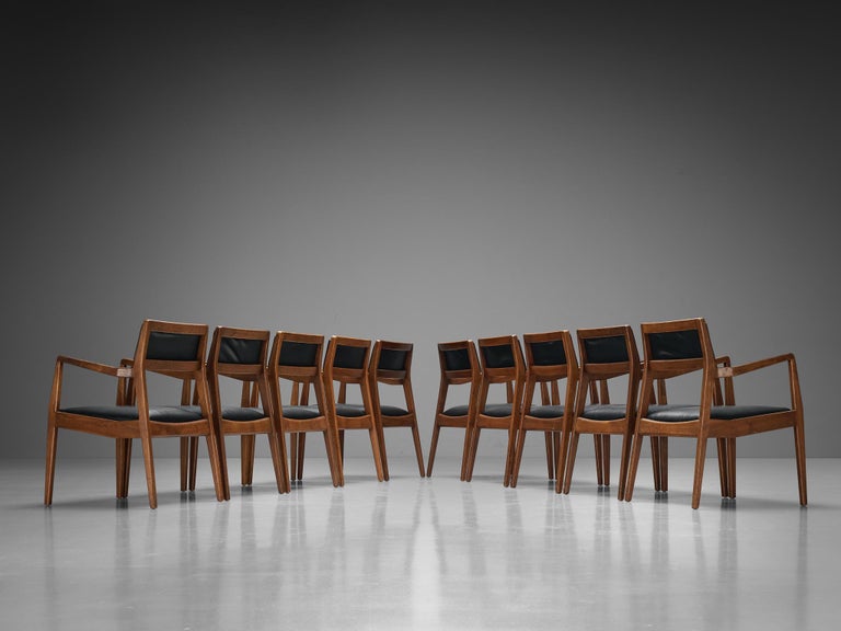 Jens Risom Set of Ten ‘Playboy’ Armchairs in Walnut and Black Upholstery