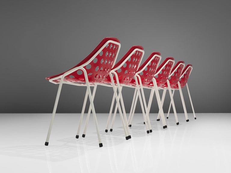 Pierre Guariche for Meurop Set of Six 'Coquillage' Dining Chairs in Red