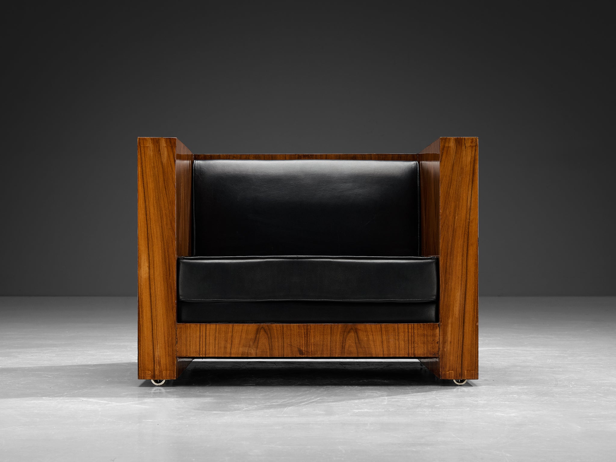 Italian Cubic Lounge Chair in Walnut and Black Upholstery