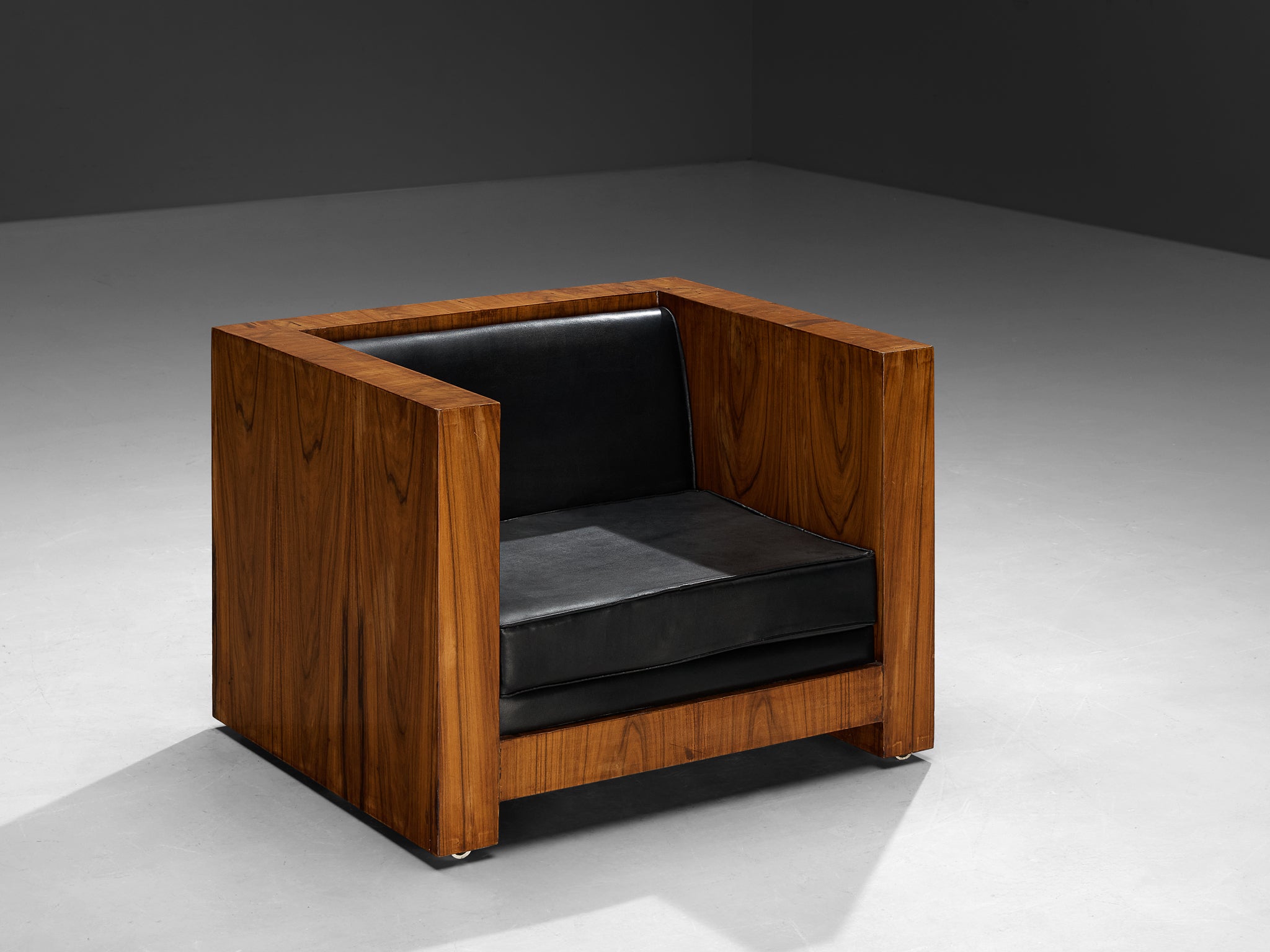 Italian Cubic Lounge Chair in Walnut and Black Upholstery