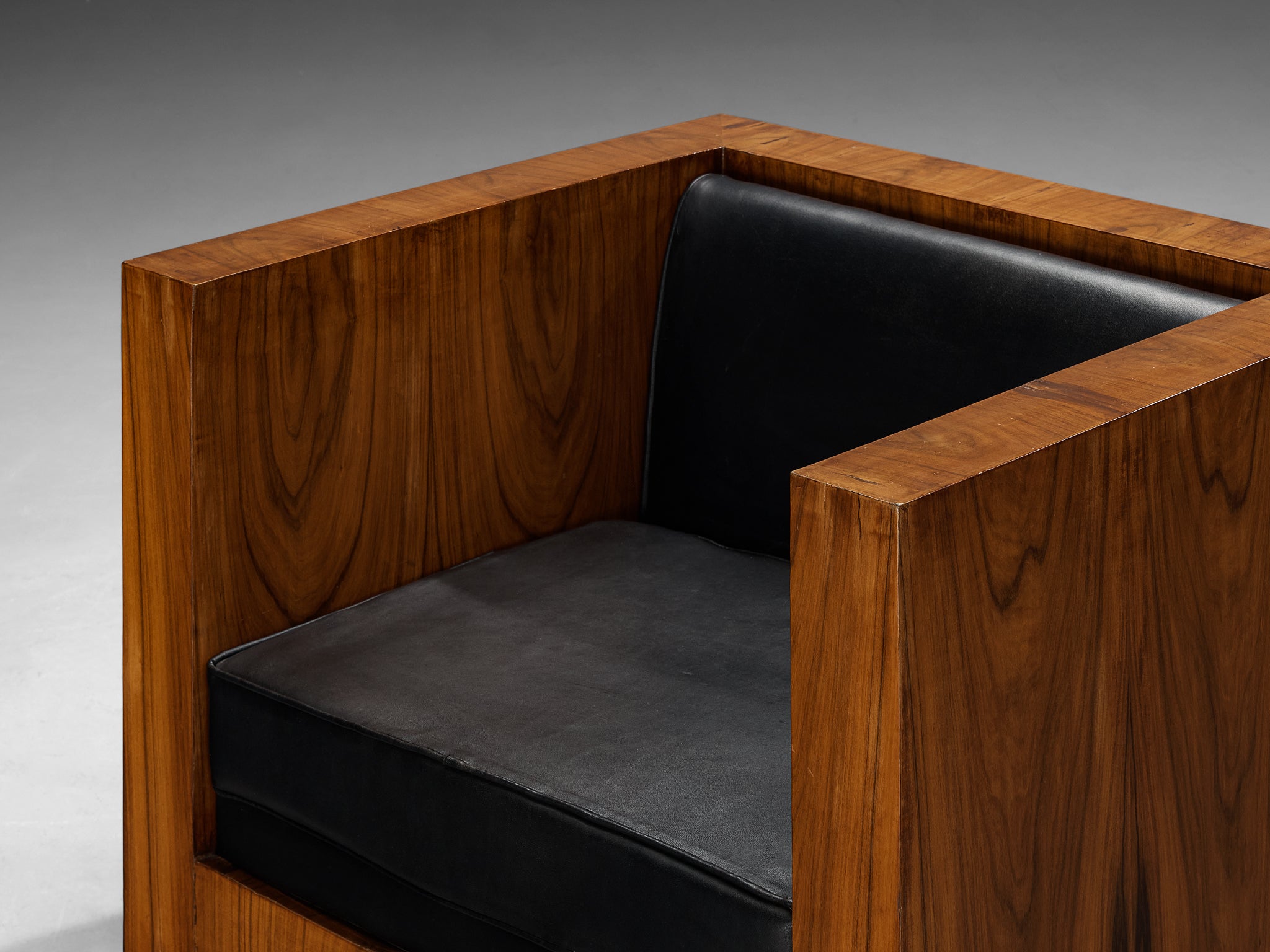 Italian Cubic Lounge Chair in Walnut and Black Upholstery