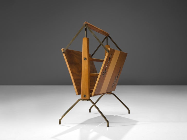 Italian Foldable Magazine Rack in Walnut and Brass with Illustrations