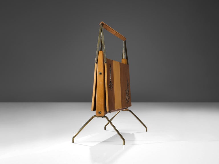 Italian Foldable Magazine Rack in Walnut and Brass with Illustrations