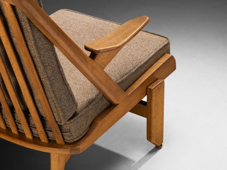 Guillerme & Chambron Pair of Lounge Chairs in Oak and Brown Upholstery