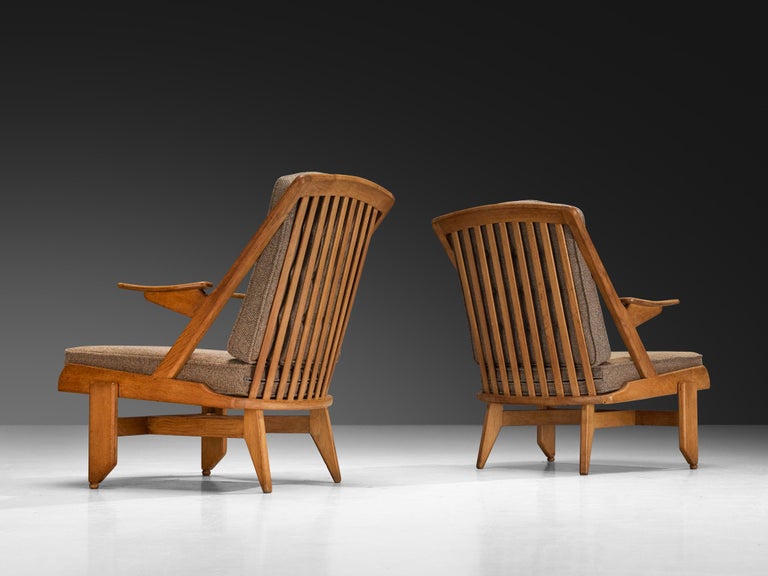 Guillerme & Chambron Pair of Lounge Chairs in Oak and Brown Upholstery