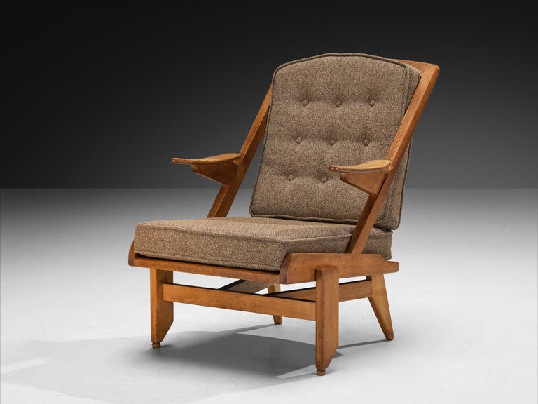 Guillerme & Chambron Pair of Lounge Chairs in Oak and Brown Upholstery