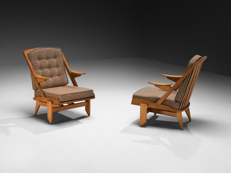 Guillerme & Chambron Pair of Lounge Chairs in Oak and Brown Upholstery