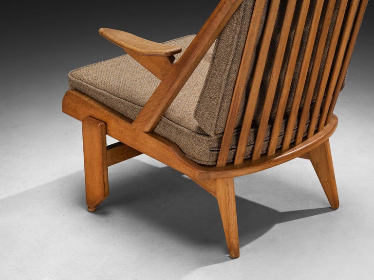 Guillerme & Chambron Pair of Lounge Chairs in Oak and Brown Upholstery