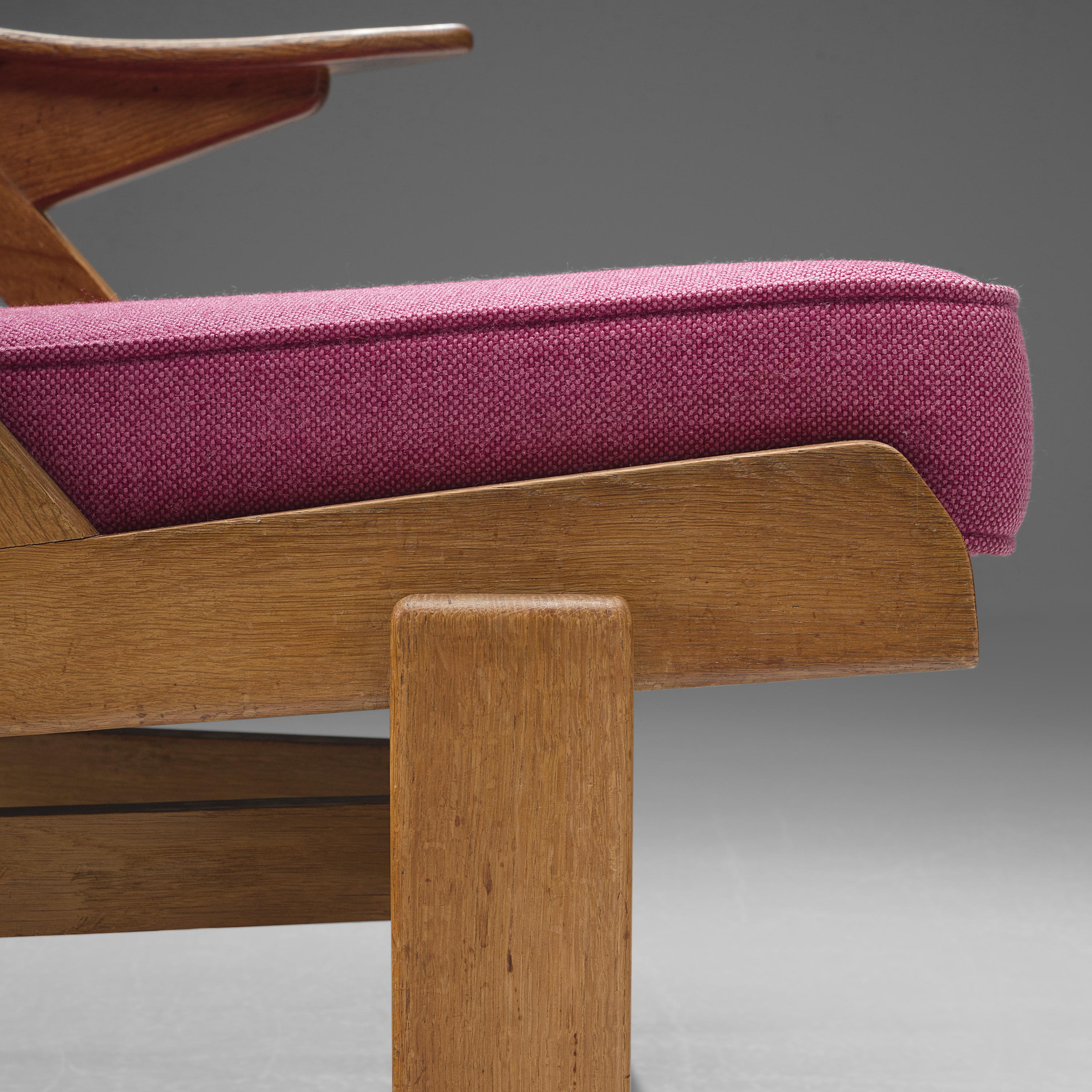 Guillerme & Chambron Pair of Lounge Chairs in Oak and Pink Upholstery