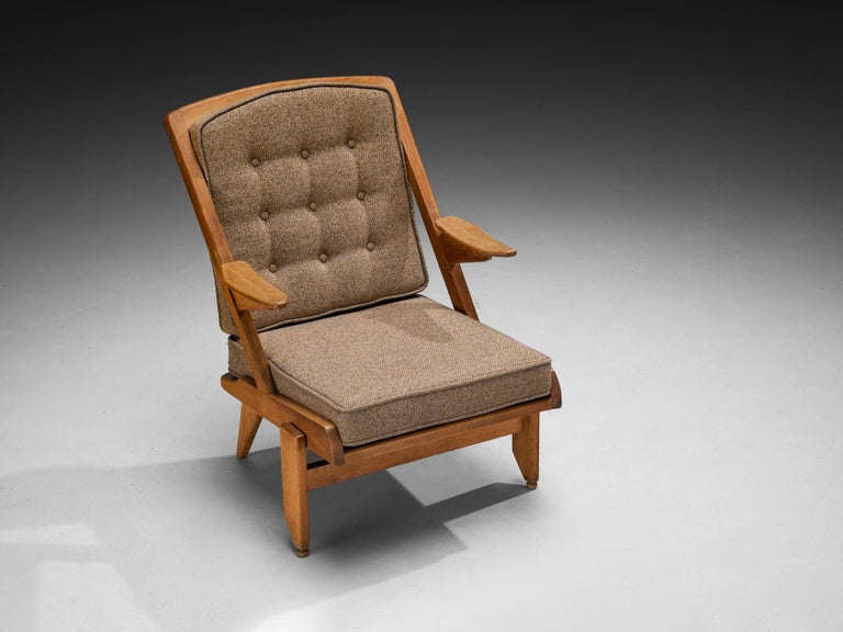 Guillerme & Chambron Pair of Lounge Chairs in Oak and Brown Upholstery