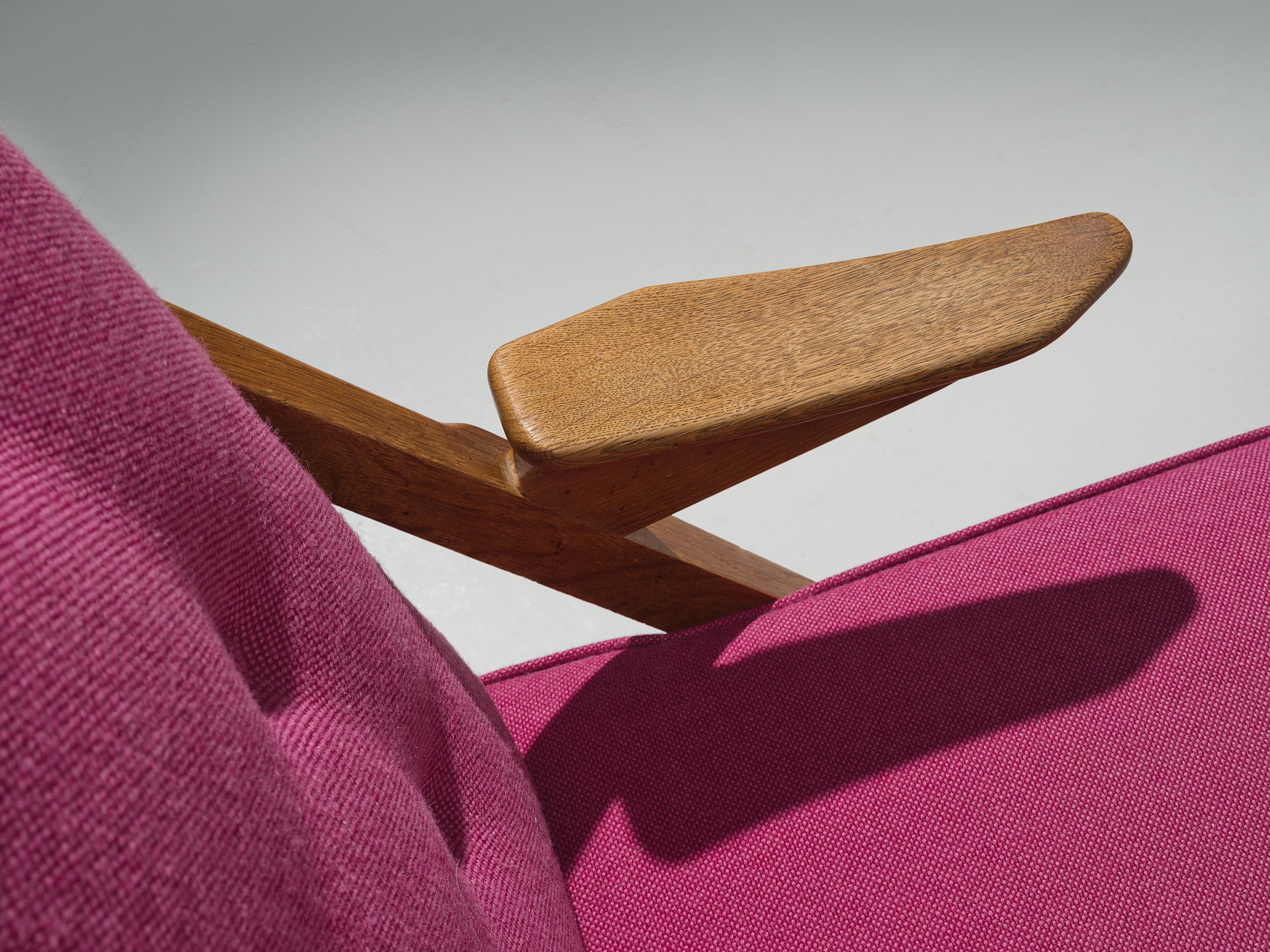 Guillerme & Chambron Pair of Lounge Chairs in Oak and Pink Upholstery