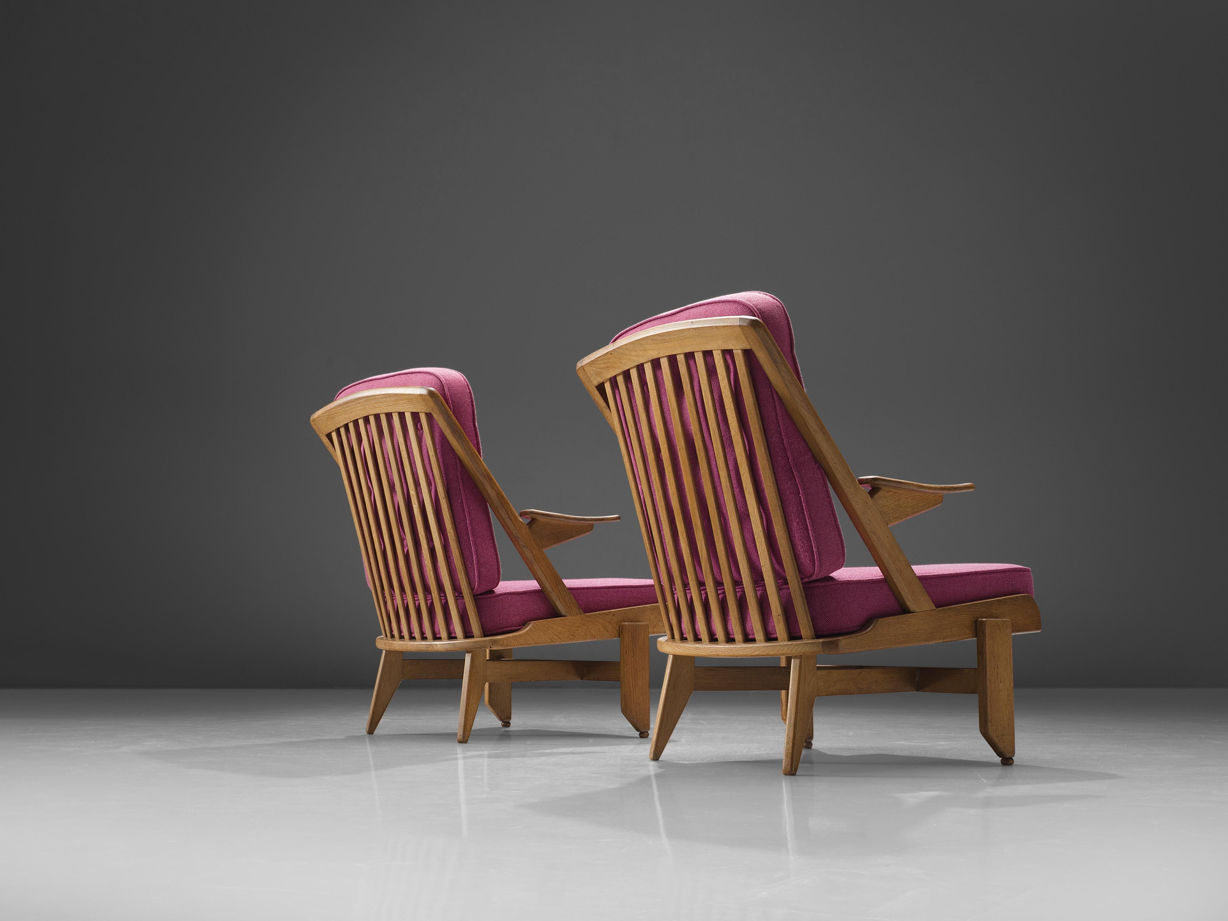 Guillerme & Chambron Pair of Lounge Chairs in Oak and Pink Upholstery