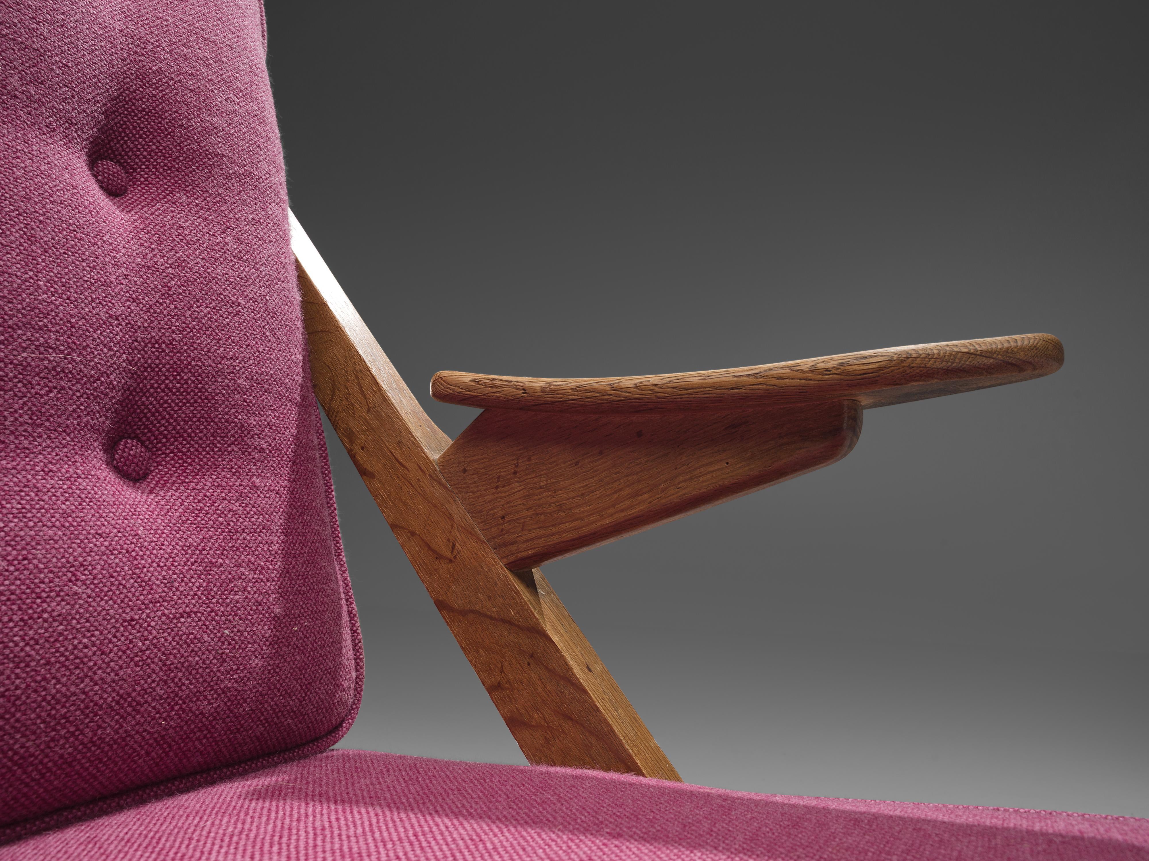 Guillerme & Chambron Pair of Lounge Chairs in Oak and Pink Upholstery