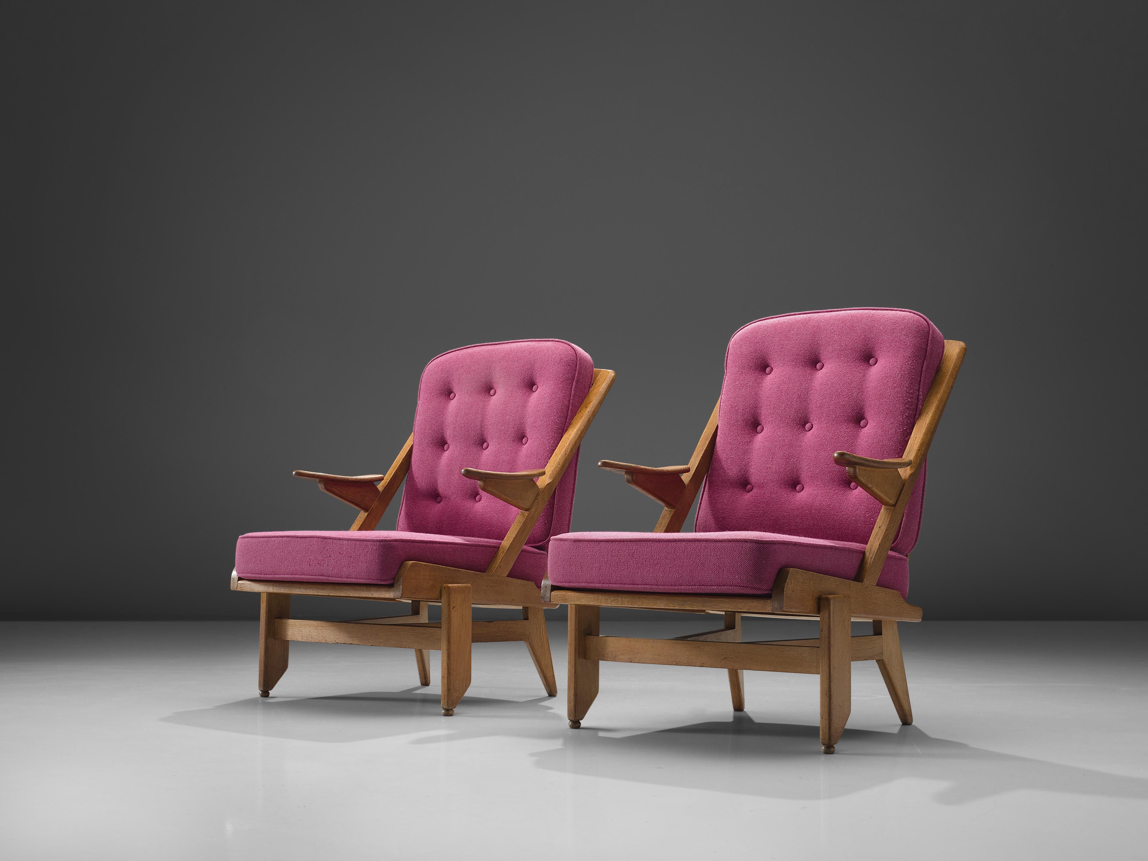 Guillerme & Chambron Pair of Lounge Chairs in Oak and Pink Upholstery