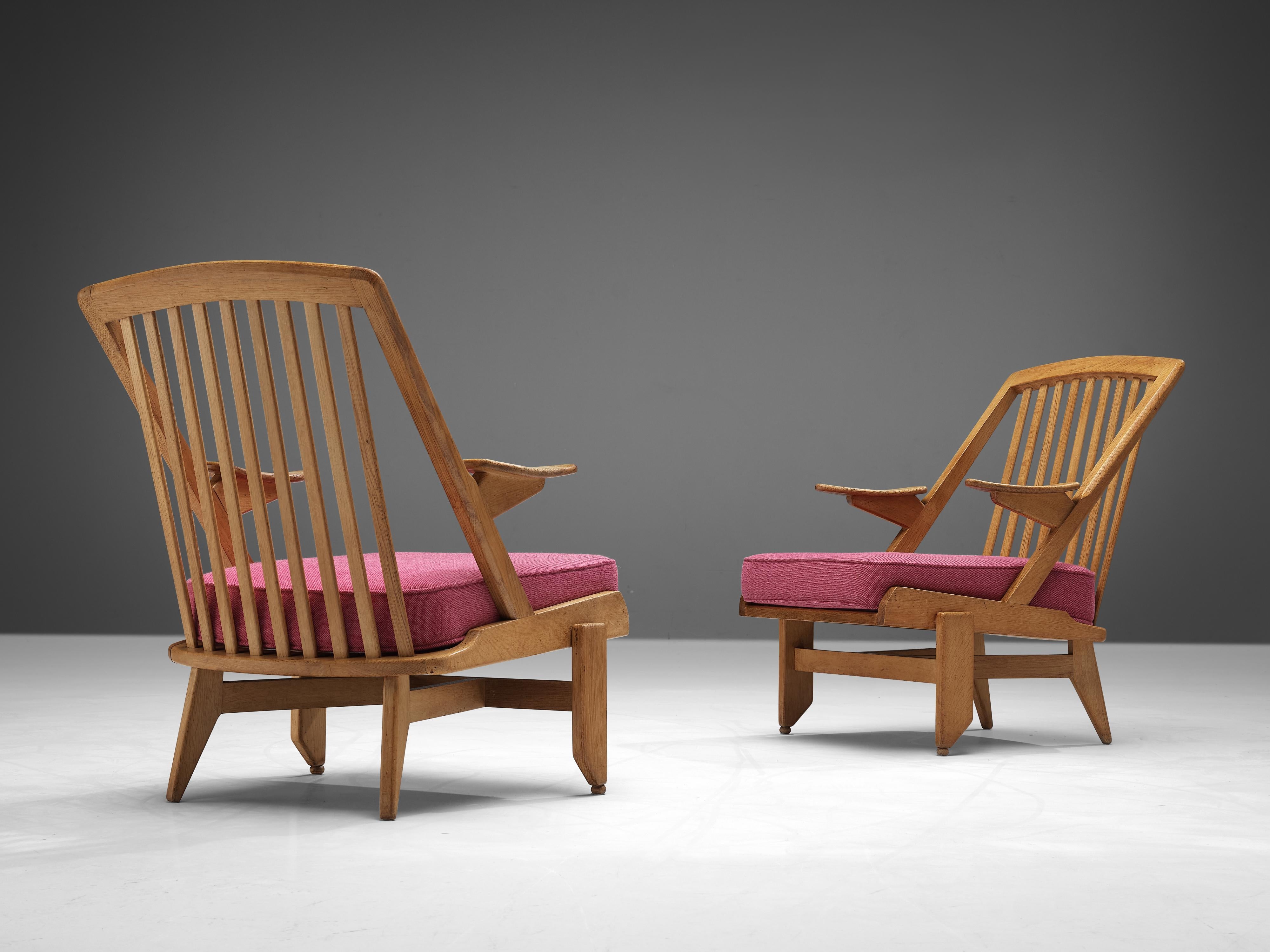 Guillerme & Chambron Pair of Lounge Chairs in Oak and Pink Upholstery