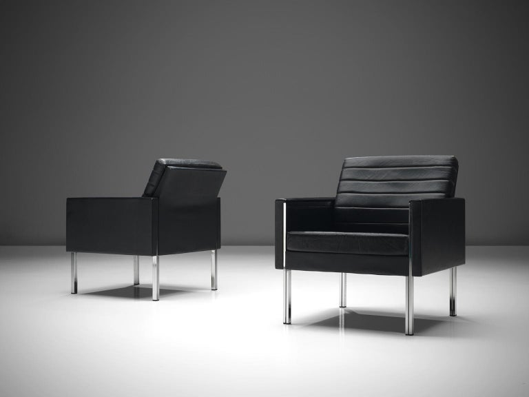 Danish Pair of Armchairs in Black Leather and Steel