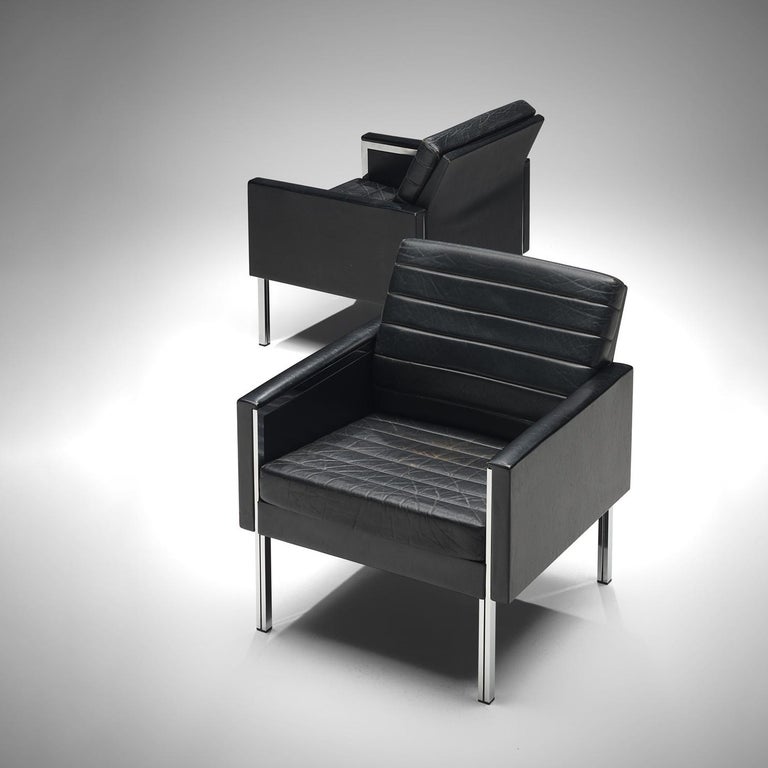 Danish Pair of Armchairs in Black Leather and Steel