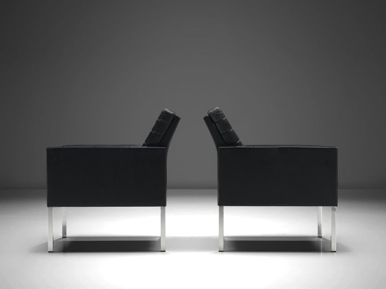 Danish Pair of Armchairs in Black Leather and Steel