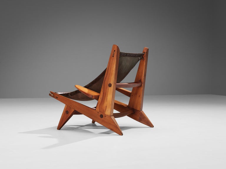 French Hunting Chair in Pine and Brown Leather