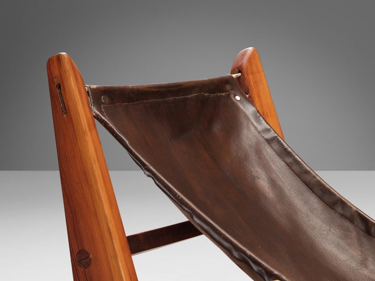 French Hunting Chair in Pine and Brown Leather