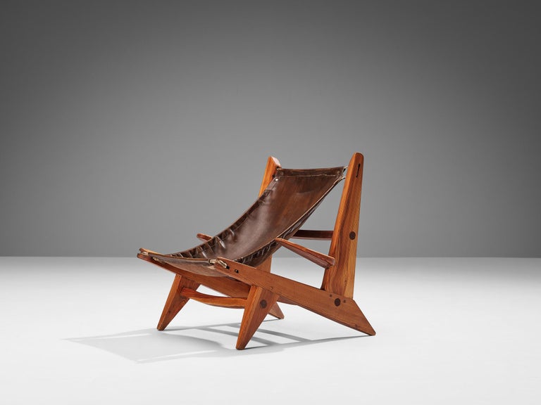 French Hunting Chair in Pine and Brown Leather