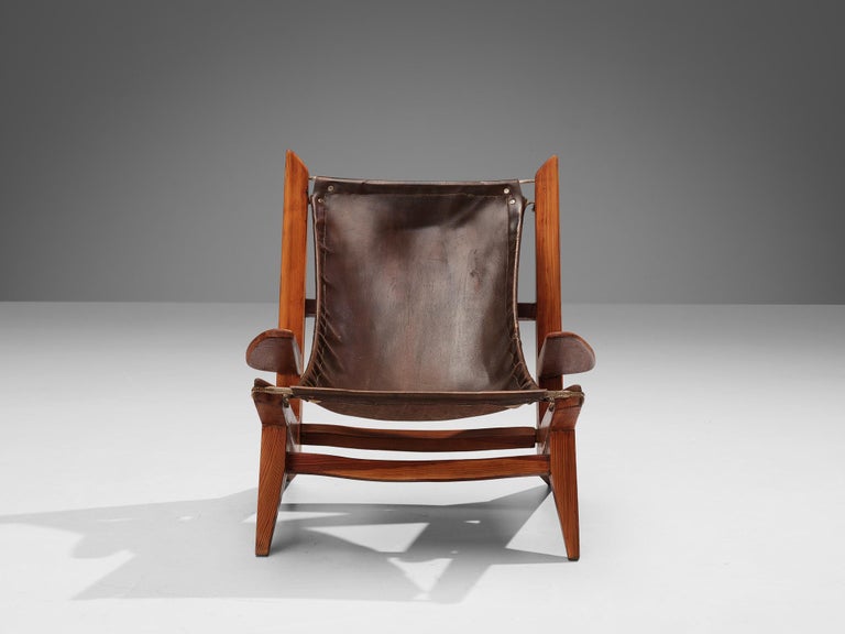 French Hunting Chair in Pine and Brown Leather