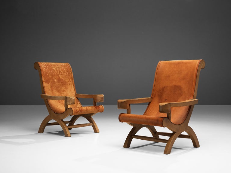 Clara Porset Lounge Chairs 'Butaque' in Original Patinated Leather