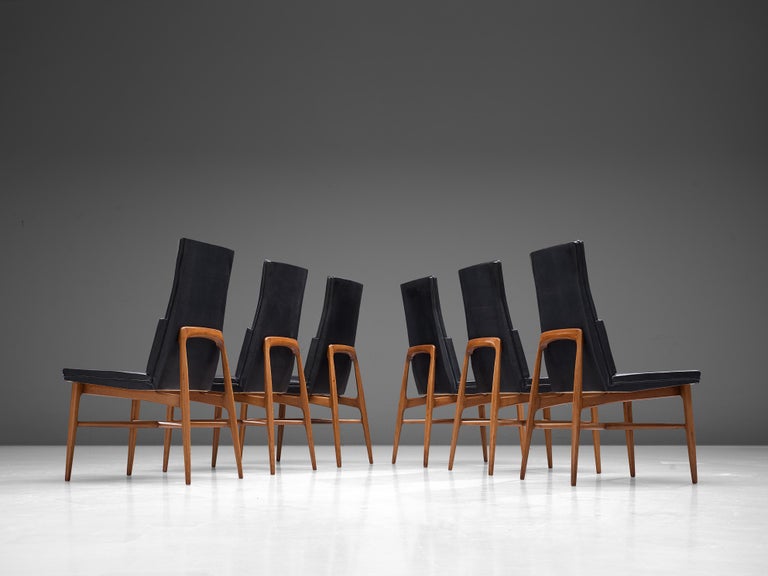 Fred Sandra for De Coene Set of Six 'Madison' Dining Chairs Walnut Black Fabric