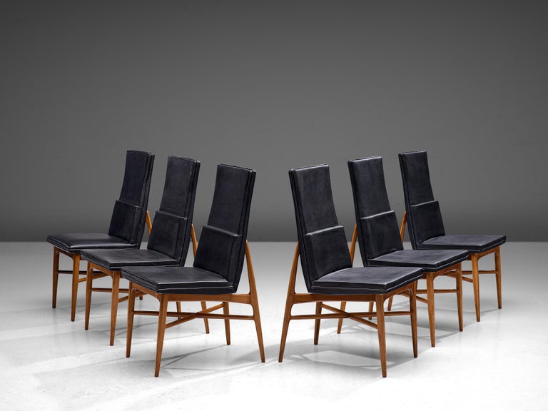 Fred Sandra for De Coene Set of Six 'Madison' Dining Chairs Walnut Black Fabric