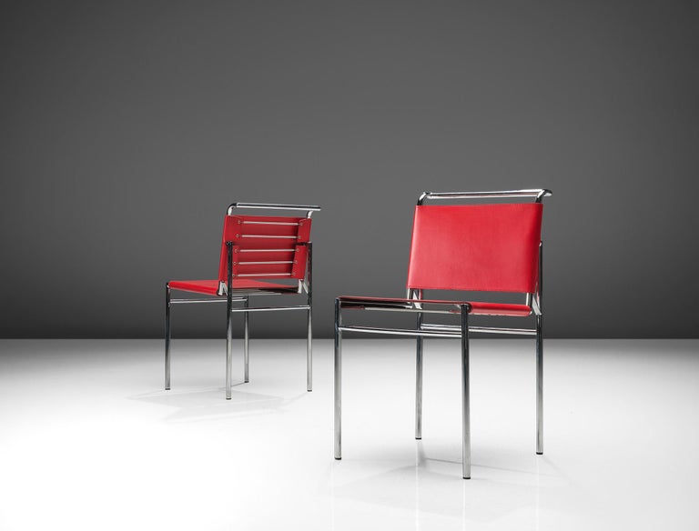 Eileen Gray Pair of 'Roquebrune' Dining Chairs in Red Leather