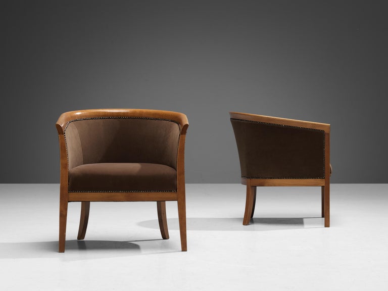 French Club Chairs in Brown Upholstery