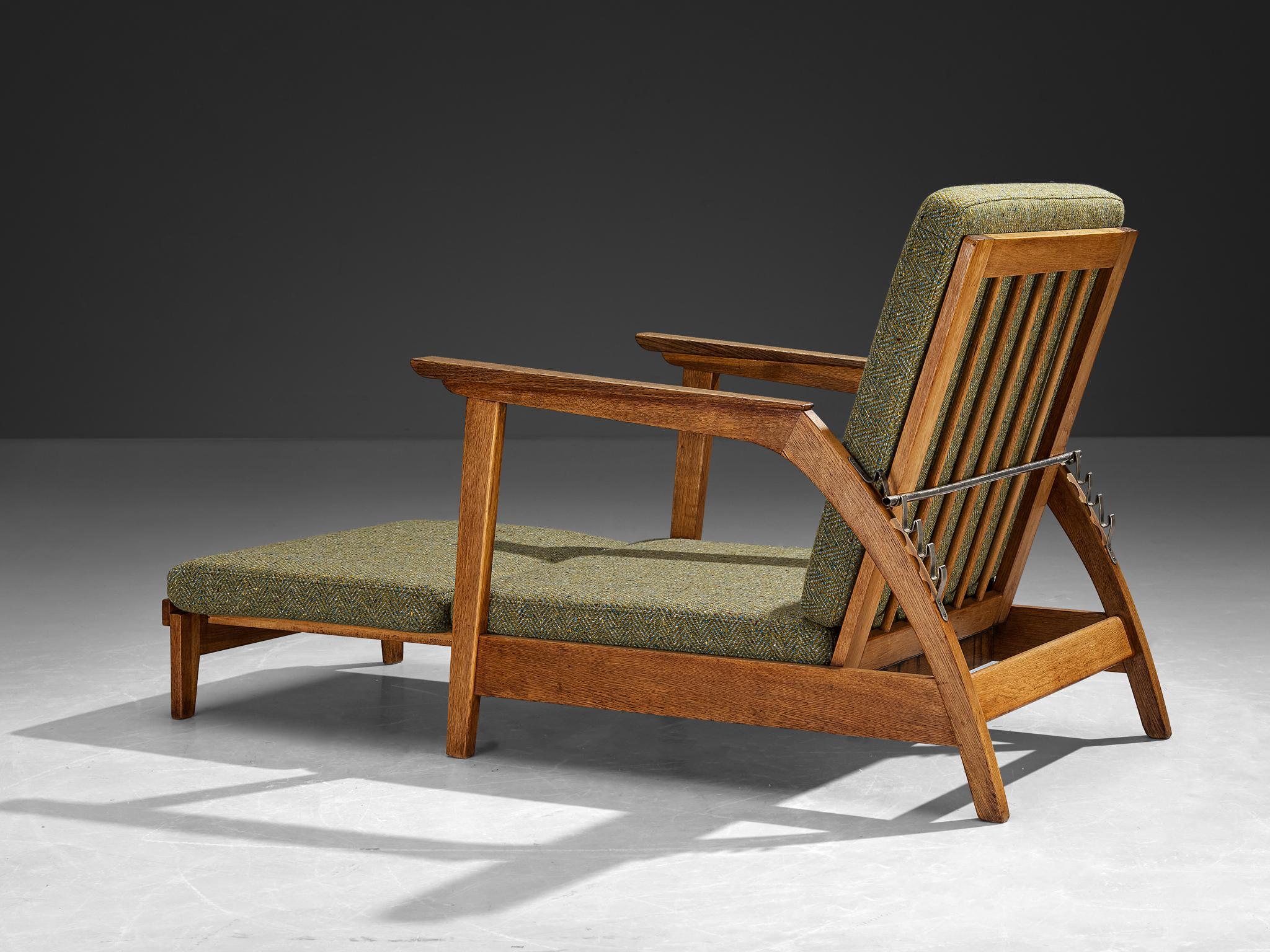 1950s Scandinavian Adjustable Chaise Longue in Solid Oak and Green Wool