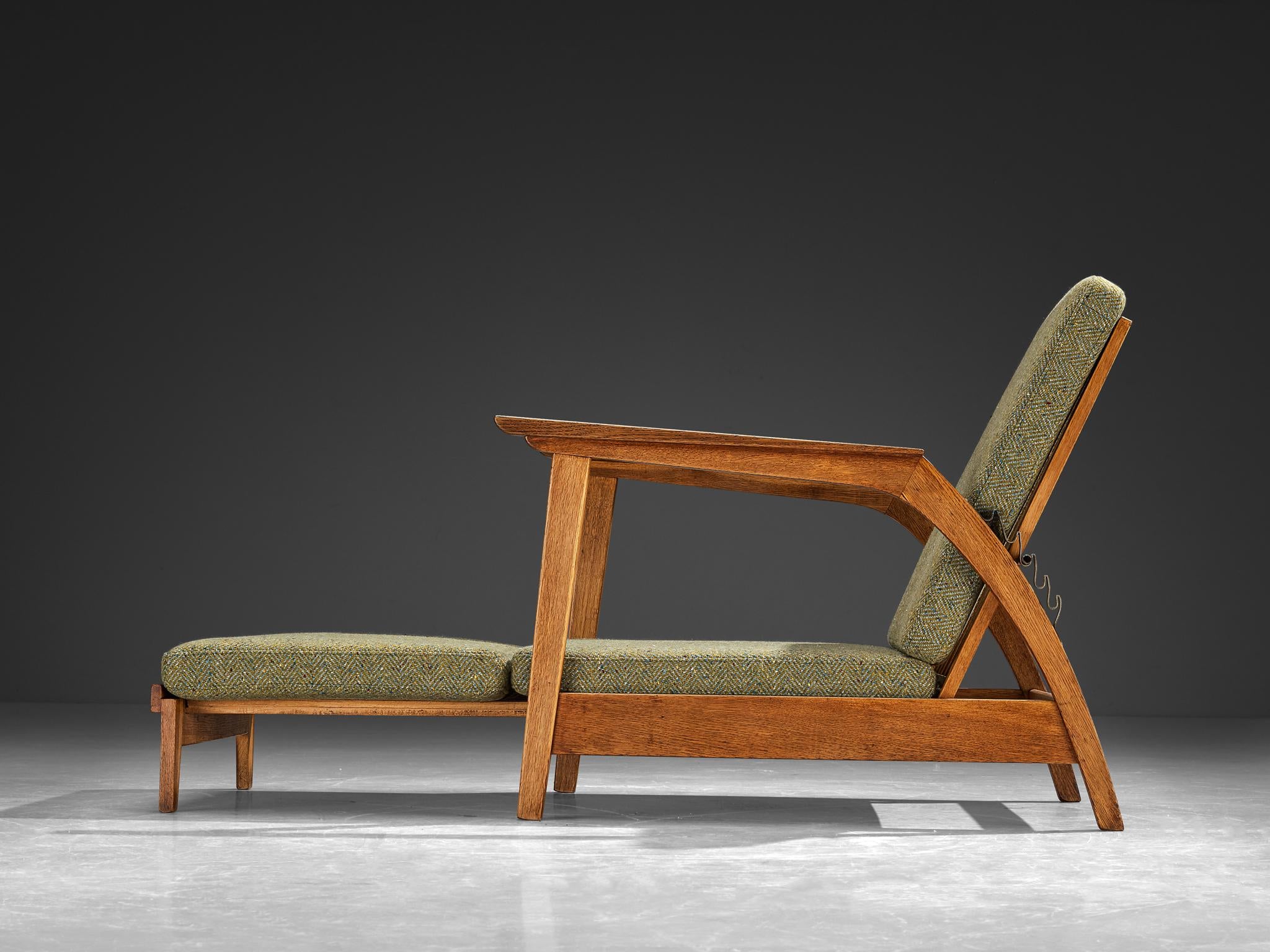 1950s Scandinavian Adjustable Chaise Longue in Solid Oak and Green Wool