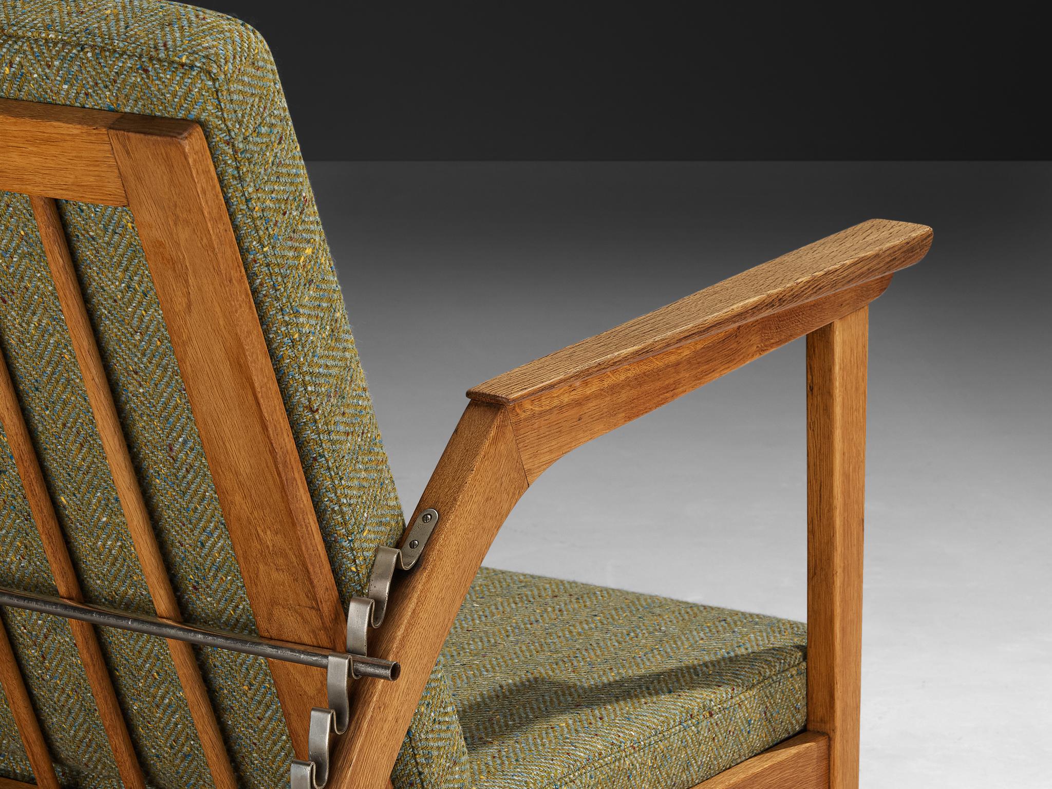 1950s Scandinavian Adjustable Chaise Longue in Solid Oak and Green Wool