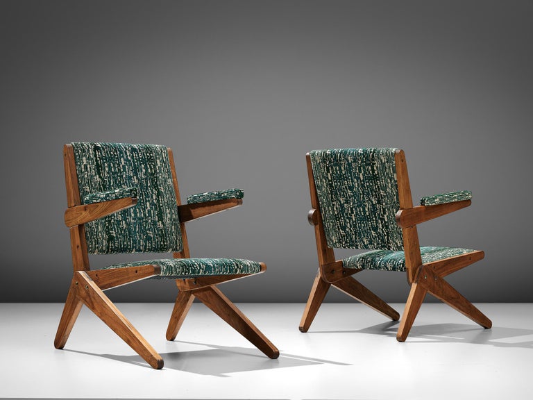 Brazilian Pair of Scissor Armchairs in Brazilian Hardwood and Green Fabric