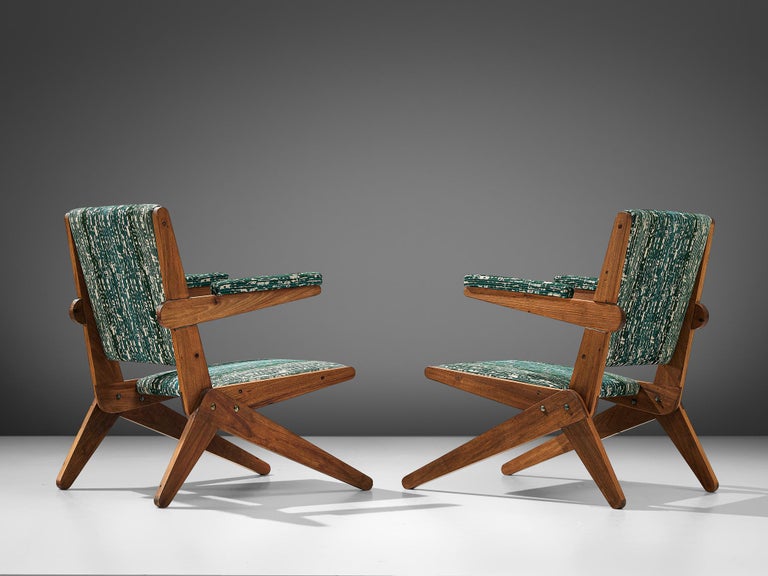 Brazilian Pair of Scissor Armchairs in Brazilian Hardwood and Green Fabric