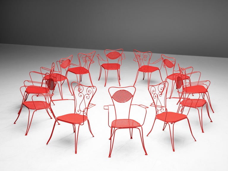 Large Set of Italian Patio Chairs in Red Lacquered Metal