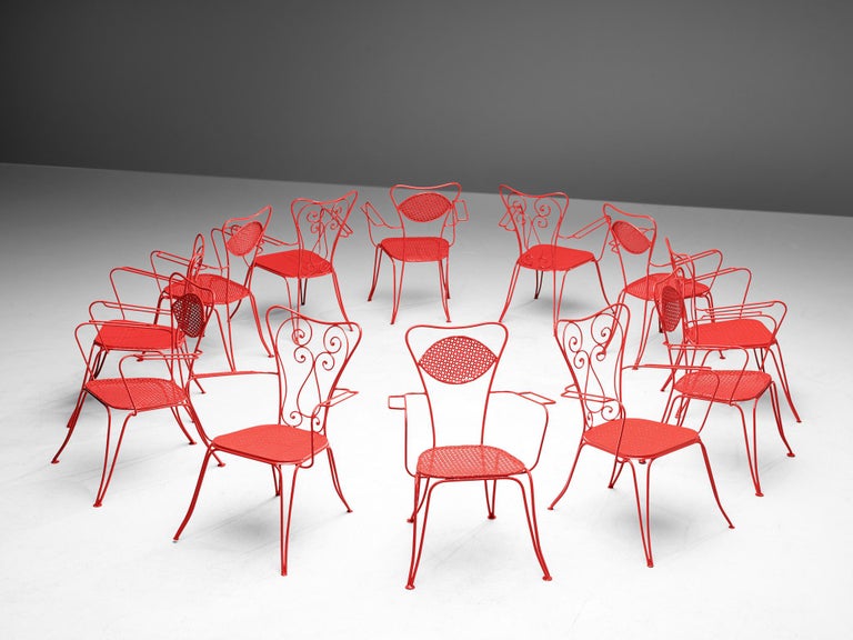 Large Set of Italian Patio Chairs in Red and Green Lacquered Steel