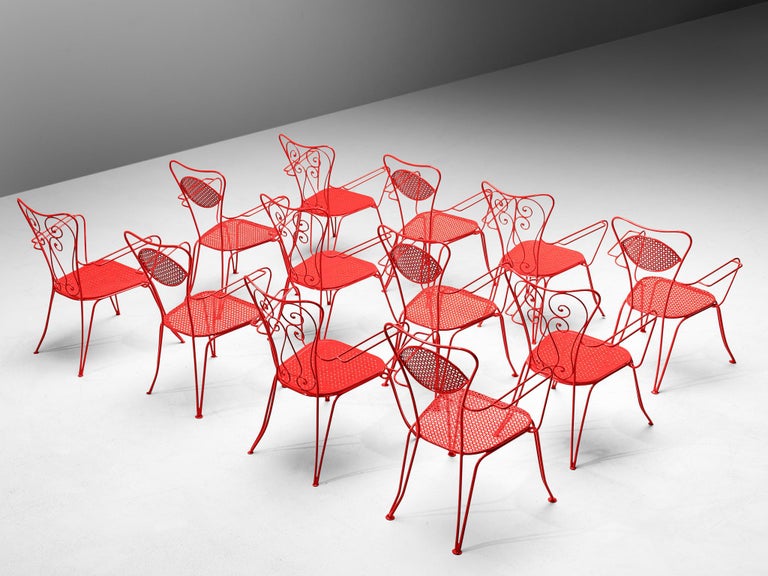 Large Set of Italian Patio Chairs in Red and Green Lacquered Steel