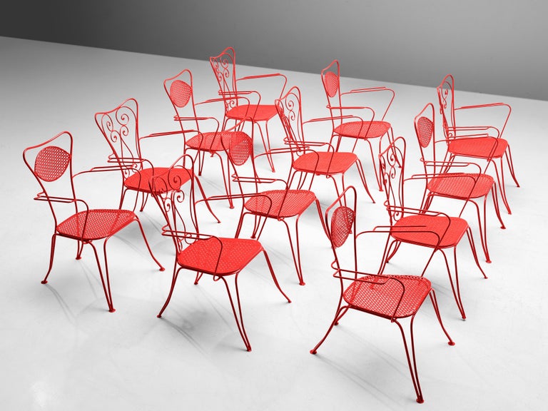 Large Set of Italian Patio Chairs in Red Lacquered Metal