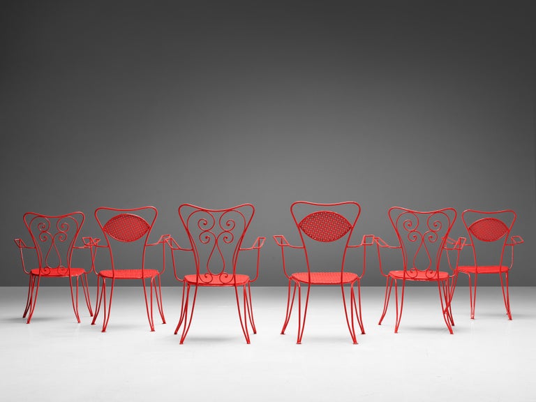 Large Set of Italian Patio Chairs in Red Lacquered Metal