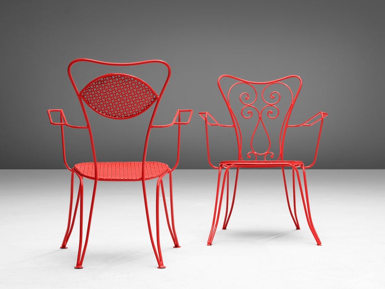 Large Set of Italian Patio Chairs in Red Lacquered Metal