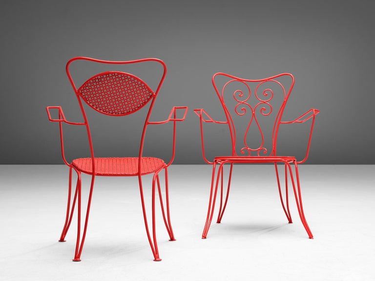 Large Set of Italian Patio Chairs in Red and Green Lacquered Steel