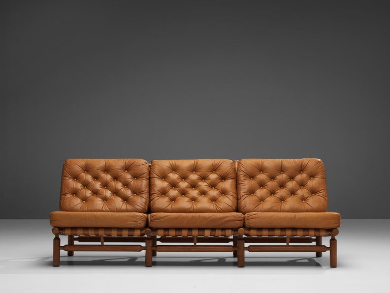 Ilmari Tapiovaara Three Seat Sofa in Cognac Leather and Teak