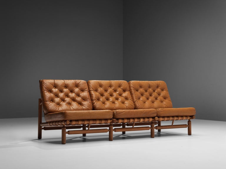 Ilmari Tapiovaara Three Seat Sofa in Cognac Leather and Teak