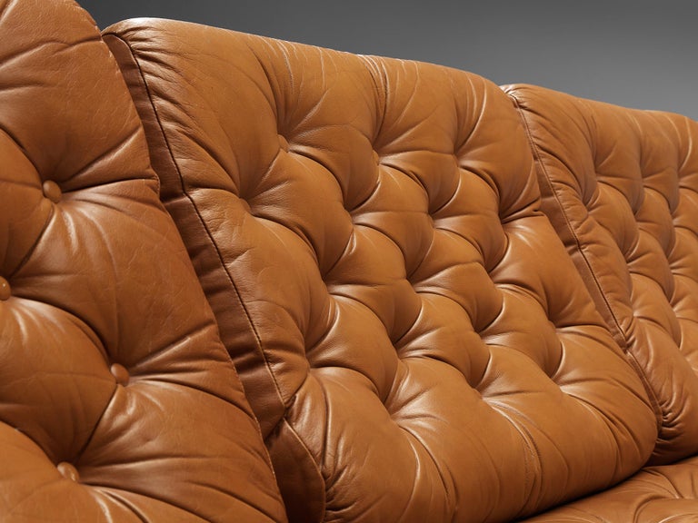 Ilmari Tapiovaara Three Seat Sofa in Cognac Leather and Teak