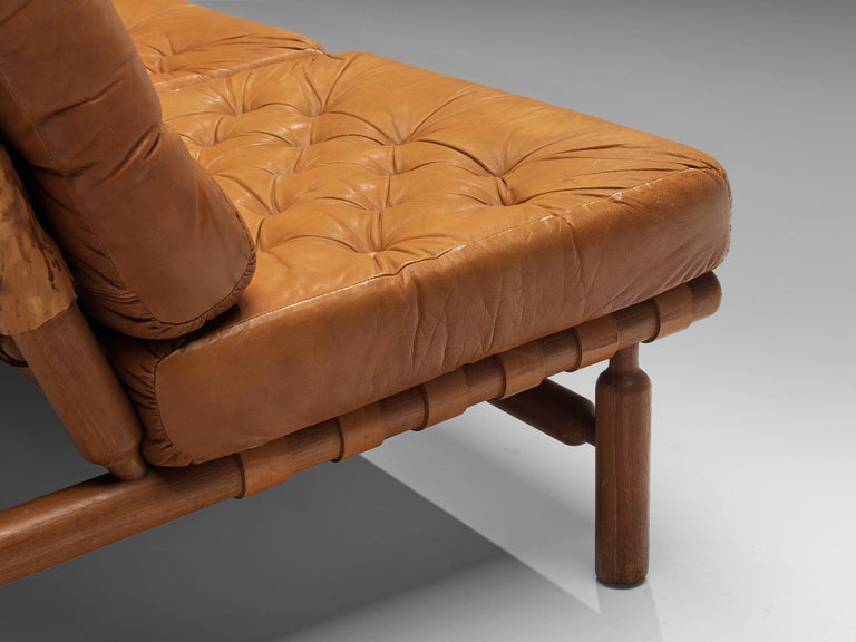 Ilmari Tapiovaara Three Seat Sofa in Cognac Leather and Teak